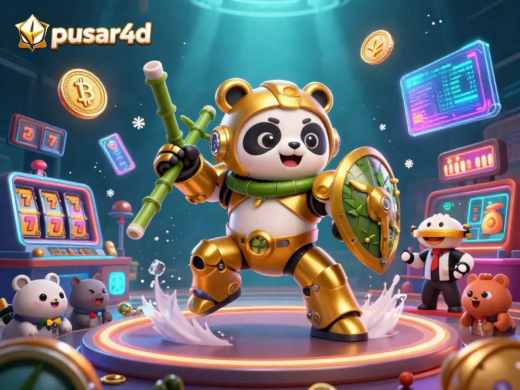 Experience the excitement of pusar4d with a golden panda mech in a casino, filled with vibrant slot game elements.