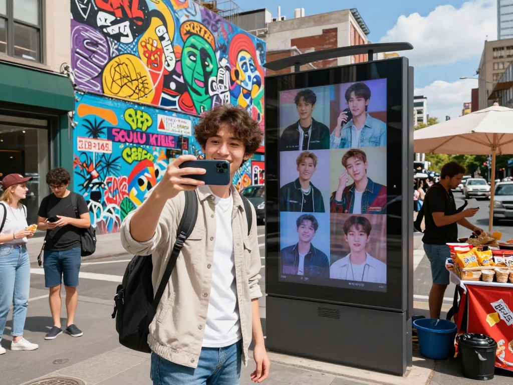 Person in urban setting comparing selfie with celebrity images, looks like a celebrity.