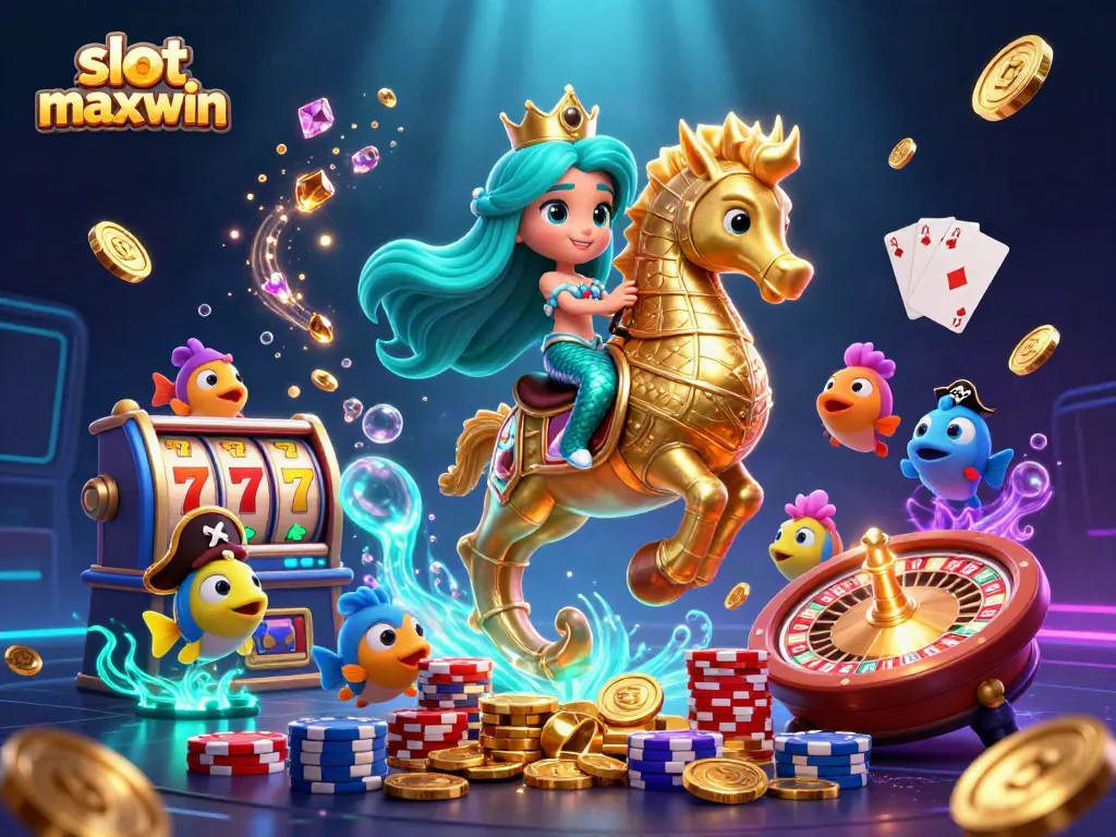 Experience the thrill of slot maxwin with vibrant 3D characters amidst casino elements.