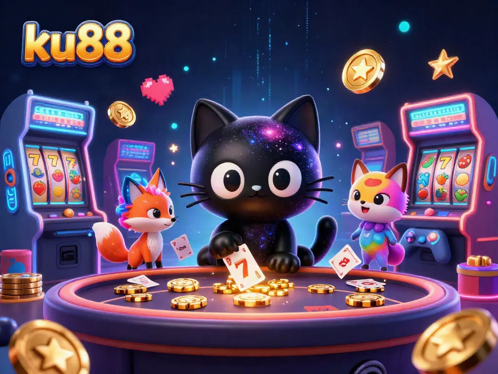 ku88 cat pulls chips and cards at a cosmic casino table showcasing vibrant gaming elements.
