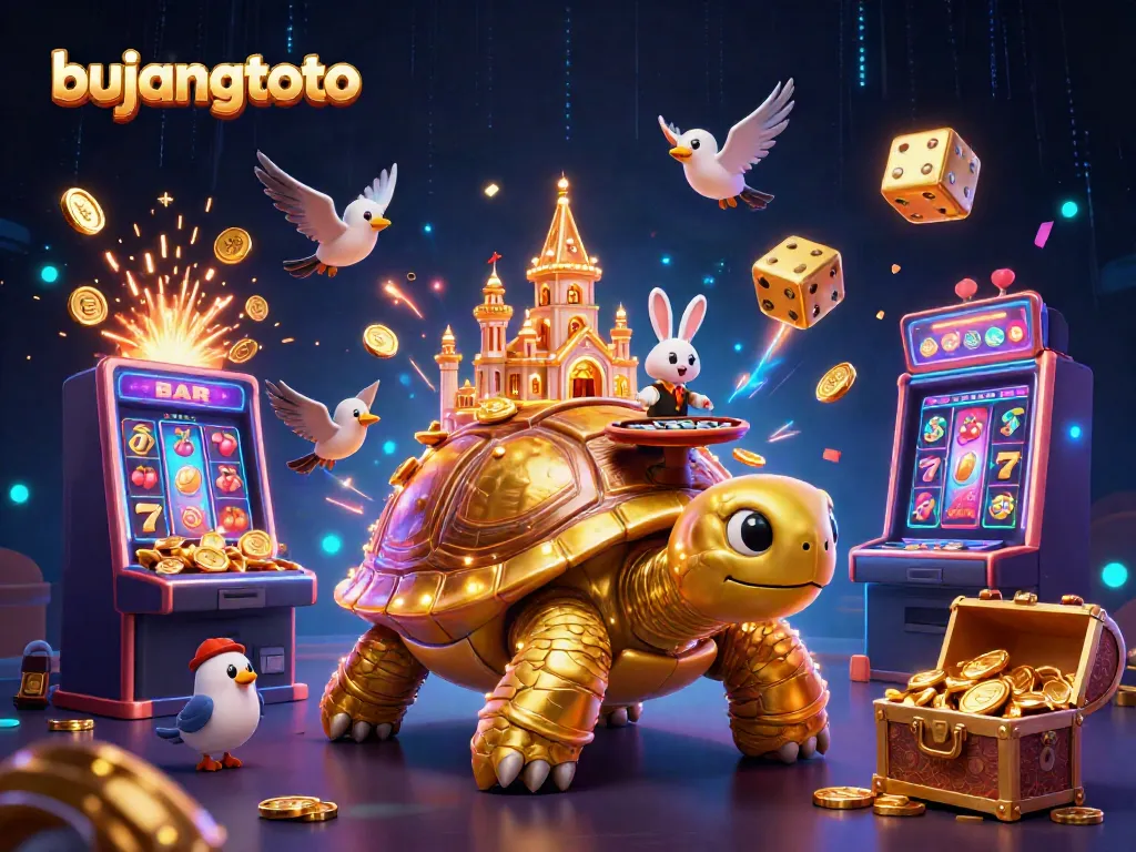 Bujangtoto showcases a lively 3D casino scene with a golden tortoise, vibrant symbols, and a rabbit dealer.