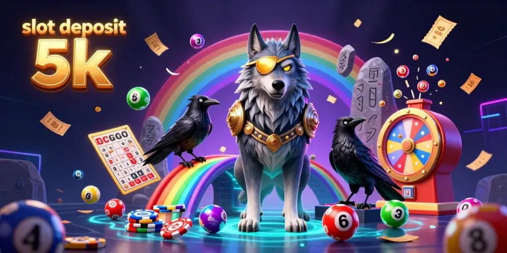 Engage in vibrant slot deposit 5k gameplay with a Norse-inspired wolf and ravens amidst colorful casino elements.
