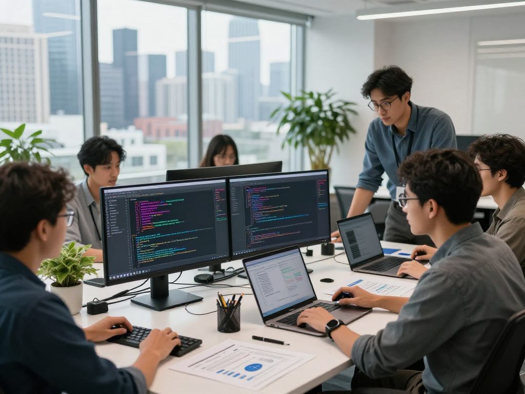 Developers discussing Tornado Cash functionalities in a modern office setting, coding on dual screens.
