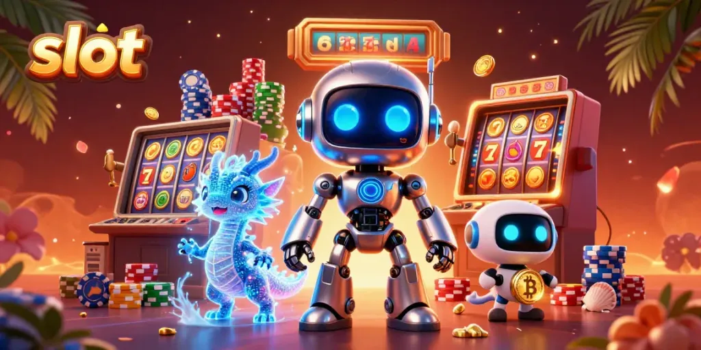 Engaging slot gaming scene featuring a robot mascot and holographic dragon, showcasing vibrant slot machine elements.
