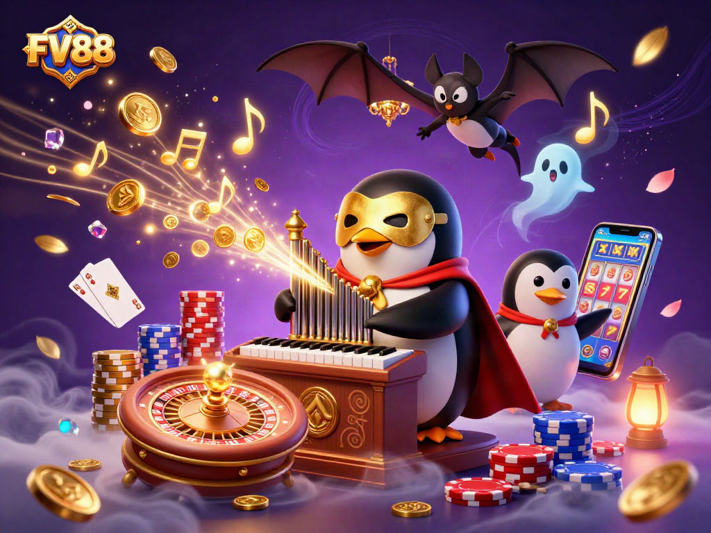 Win big at FV88 with a vibrant scene of golden coins and casino games in action.