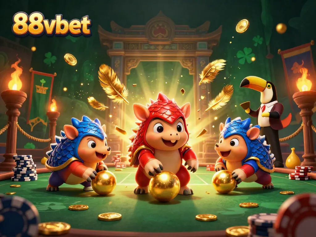Engage in thrilling gameplay with 88vbet's 3D pangolins rolling through poker chips in a lively casino setting.