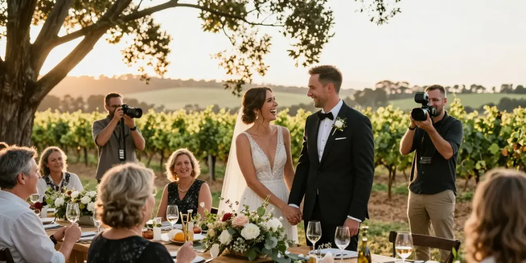 wedding photography Hunter Valley couple embraced by vineyard light during sunset