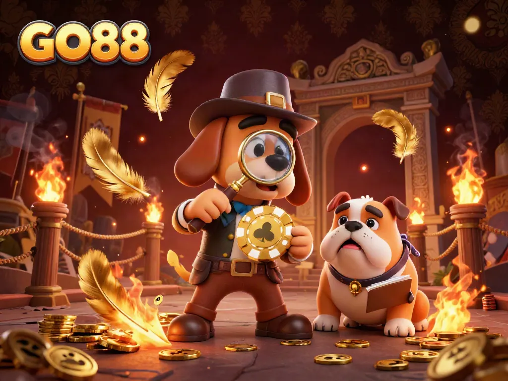 Engage in gambling with GO88 featuring a cartoon detective and bulldog within a vibrant casino scene.