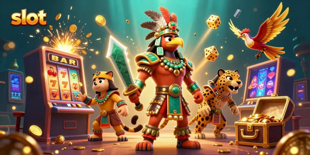 Experience dynamic slot action with Aztec warriors amidst a jackpot explosion!