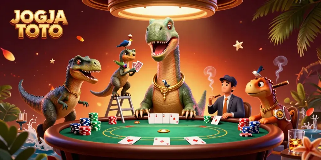 Experience engaging gameplay with JOGJA TOTO as a brontosaurus watches a high-stakes poker game.