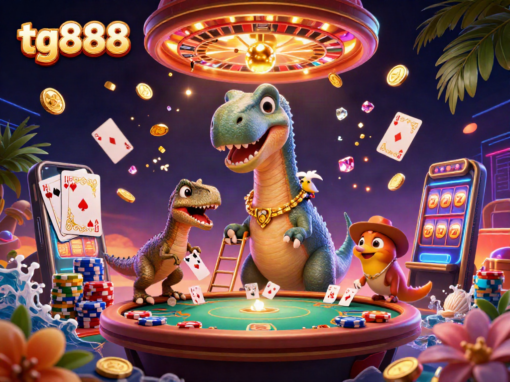 tg888 captures thrilling casino gameplay with a brontosaurus overlooking a poker table scene