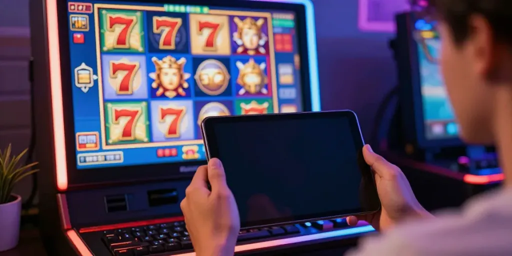 Engaged user playing PESGSLOT on a smartphone surrounded by vibrant slot game graphics.