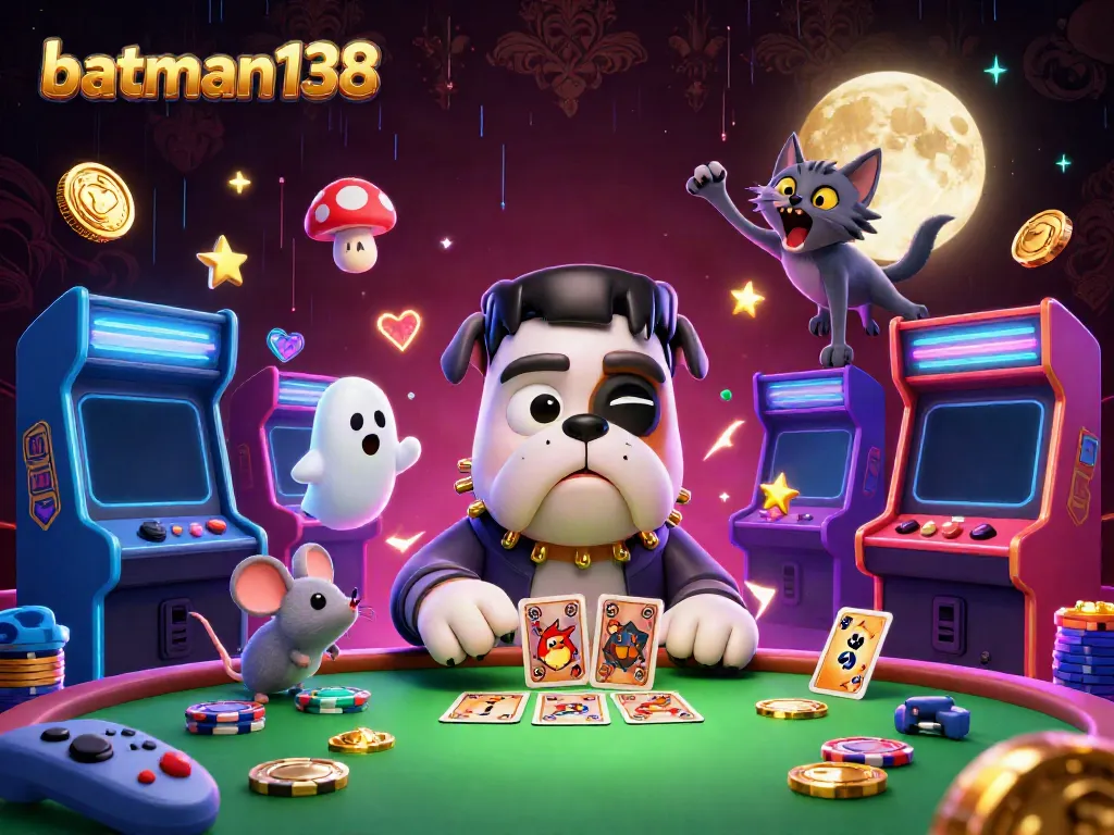 Experience thrilling gameplay at batman138 with a vibrant casino scene featuring spooky characters and retro game elements.