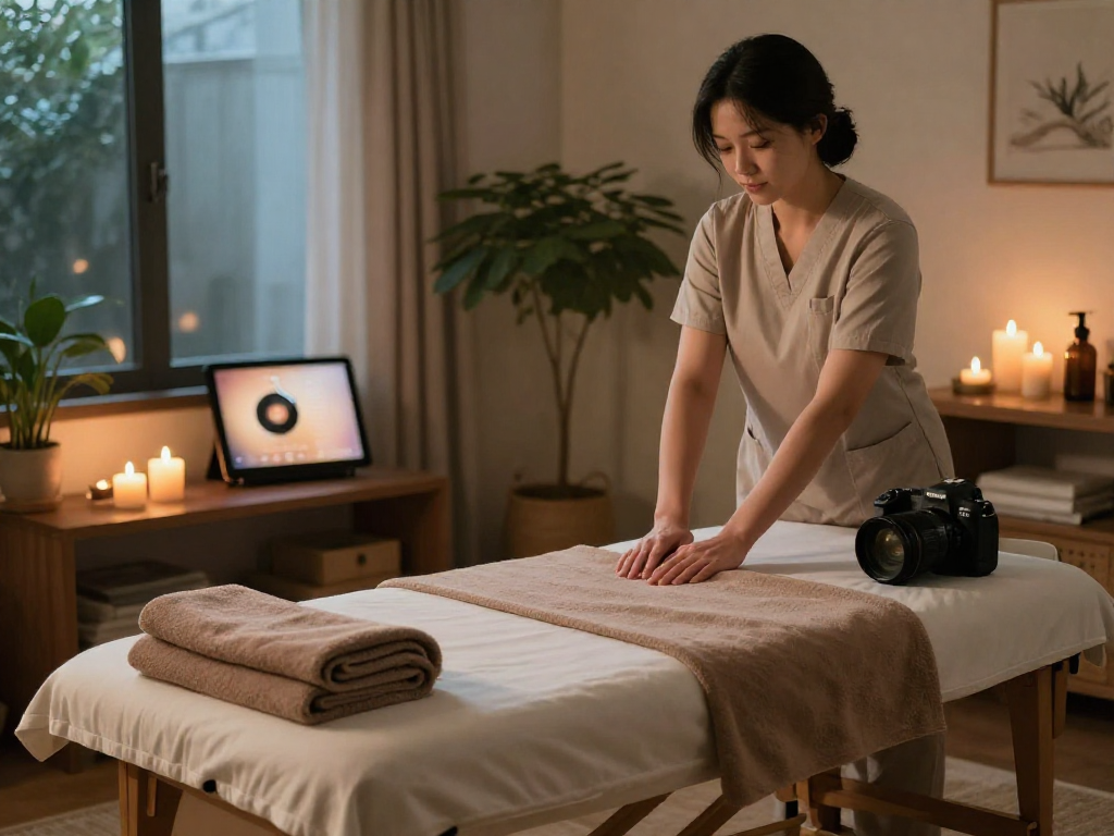 송파출장마사지 session setup in a cozy living room with candles and a massage table.