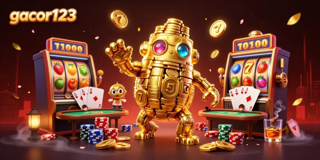 Experience thrilling gameplay with gacor123 as golden golem spins slot reels and poker in vibrant illustration.
