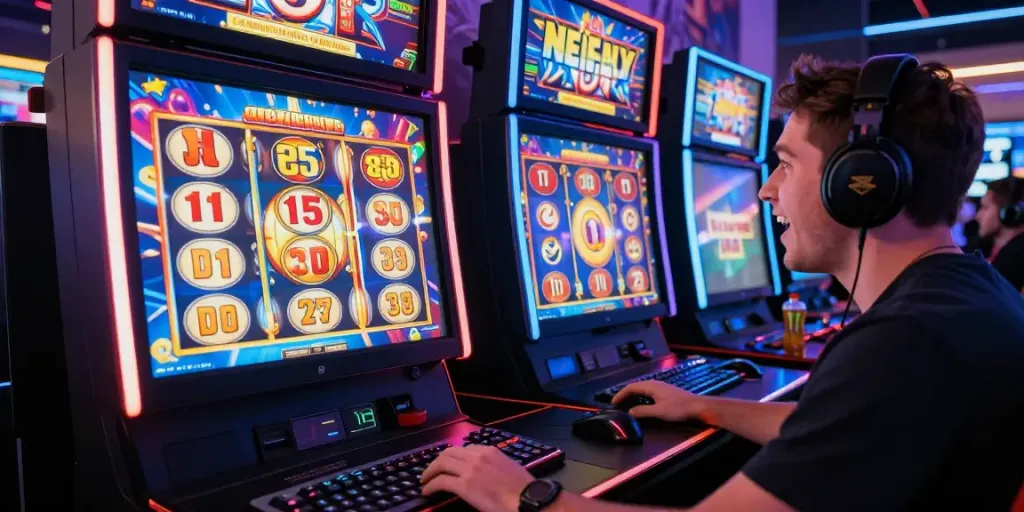 Pemain rajalangit77 bersemangat saat bermain mesin slot online dengan kemenangan di layar komputer.