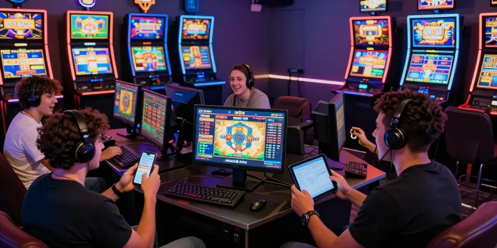 Pengguna dewi19 menikmati pengalaman bermain slot online dengan grafik warna-warni dan perangkat modern di lounge gaming.