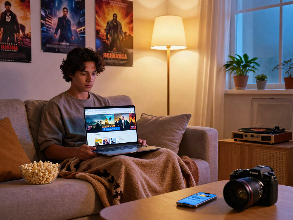 Engaging scene of a cozy home setup for filmyzilla download with a laptop and snacks.