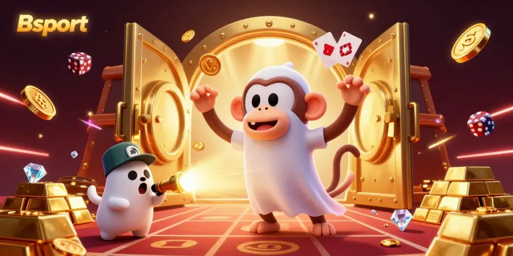 Bsport monkey juggles gold coins in a vibrant sports betting casino with a curious puppy.