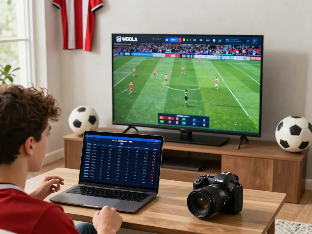 Excited sports fan checking WWBOLA odds in a lively living room during a match