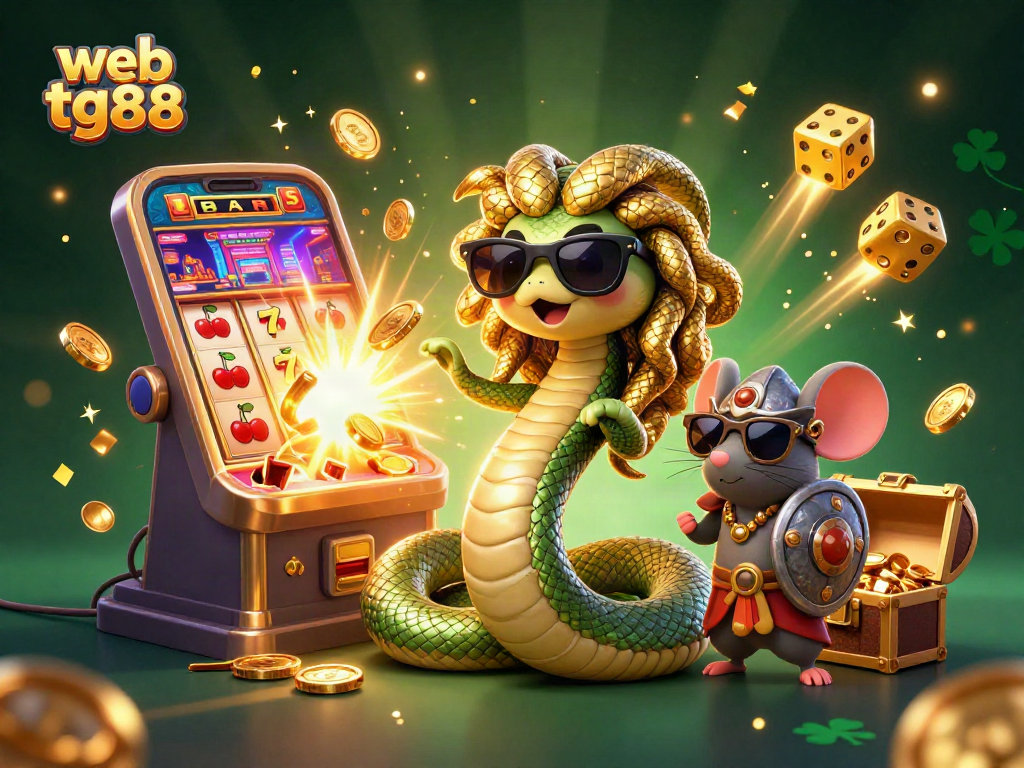 Experience thrilling jackpots at web tg88 with a vibrant 3D casino illustration featuring Medusa and a brave mouse.