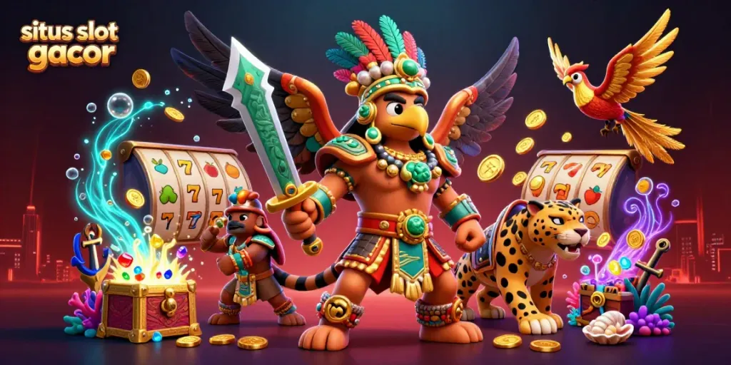 Gali kemenangan di situs slot gacor dengan para pejuang Aztec dan simbol keberuntungan yang mengelilingi.