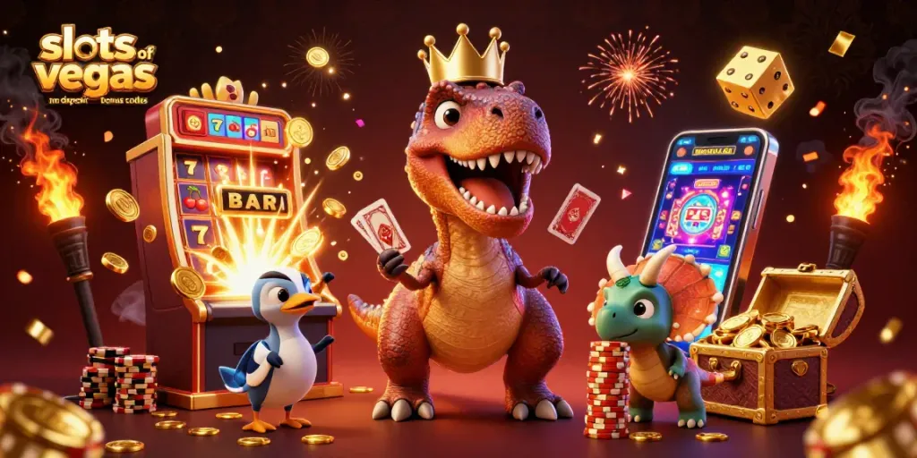 Engage in exciting gameplay with current slots of vegas no deposit bonus codes while a whimsical T-Rex and friends play cards and stack chips.
