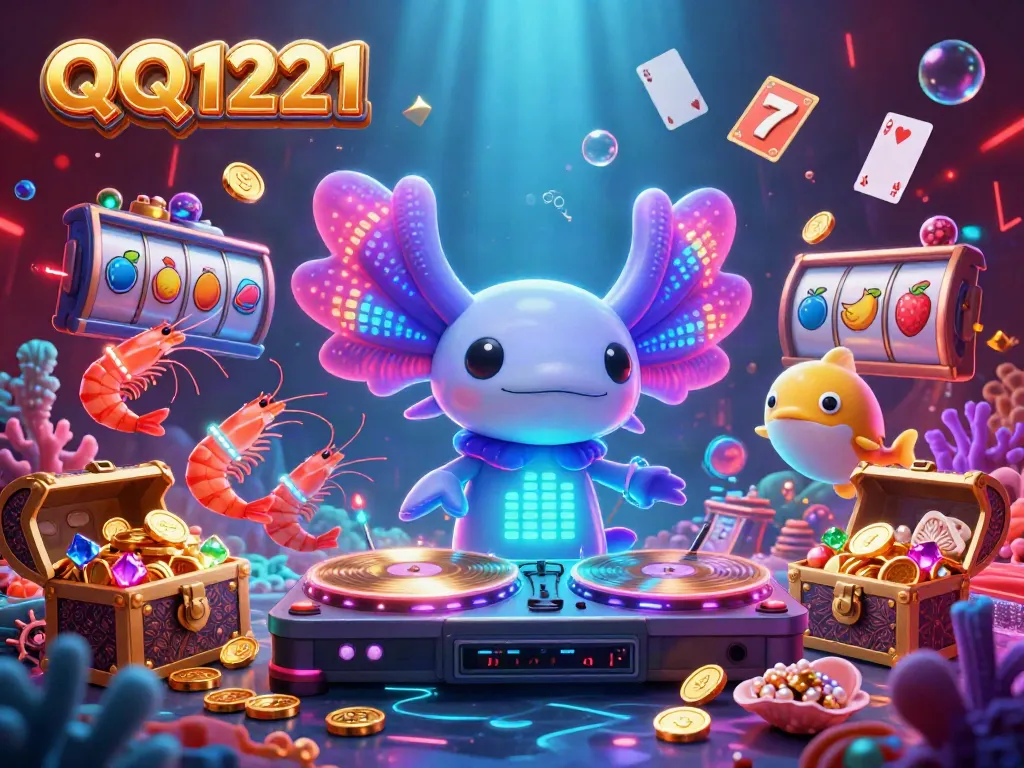 Engage with QQ1221's vibrant gaming atmosphere featuring a neon axolotl DJ and slot elements.