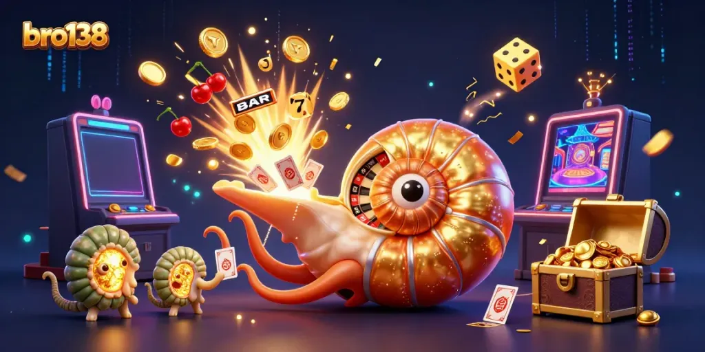 Experience thrilling gameplay at bro138 with a dynamic scene of a giant nautilus as a roulette wheel and exploding slot machines.