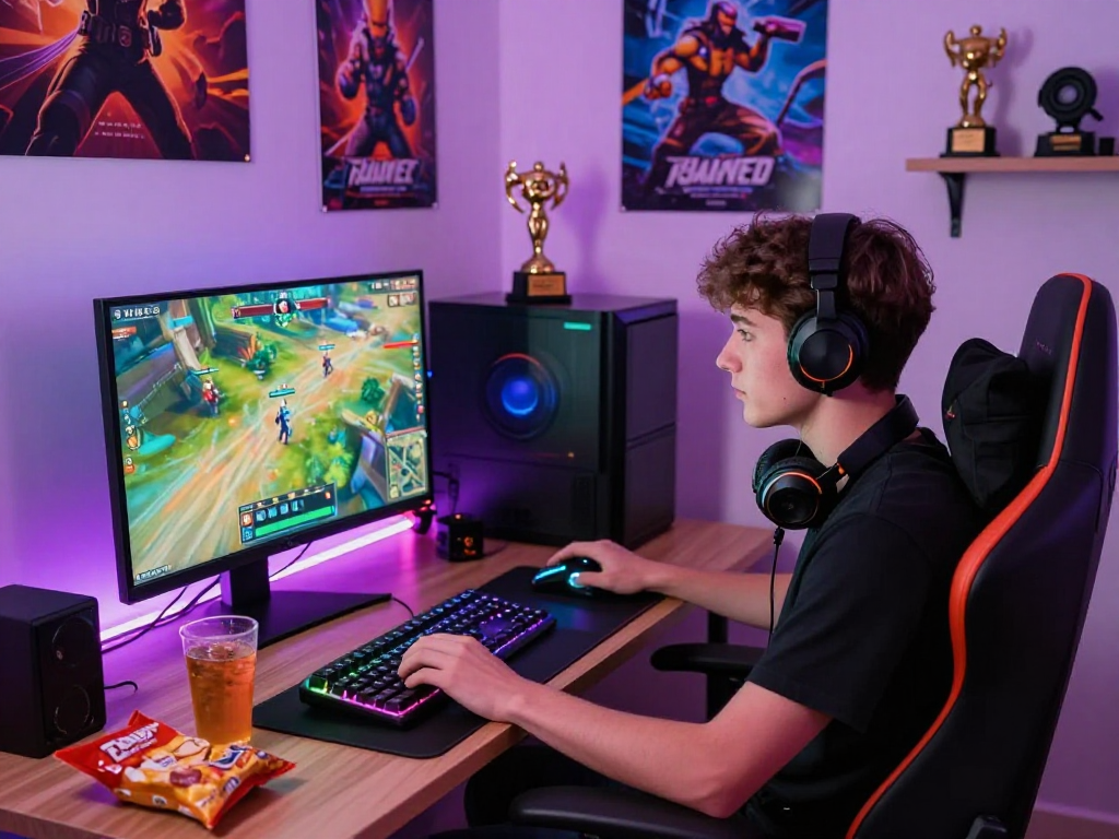 Gamer dengan bos88 link di monitor, lingkungan gaming yang nyaman dan penuh detail.
