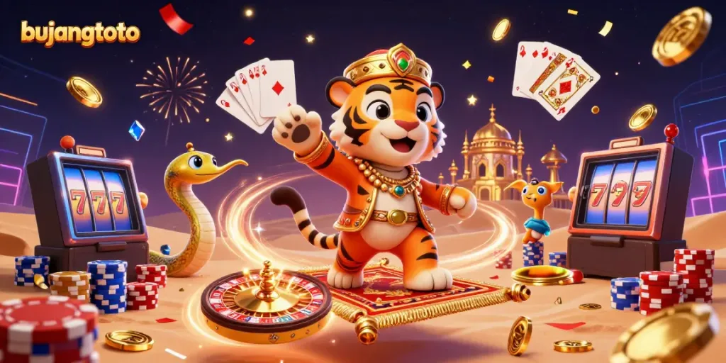 Experience the excitement of bujangtoto with a vibrant 3D illustration featuring a tiger sultan, stunning gems, and casino elements.