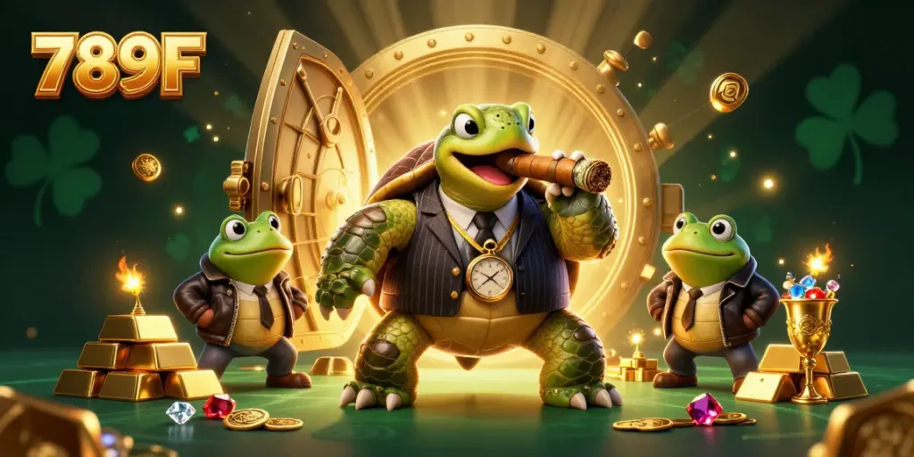 Experience thrilling rewards with 789F's animated casino scene featuring engaging characters and dynamic treasures.