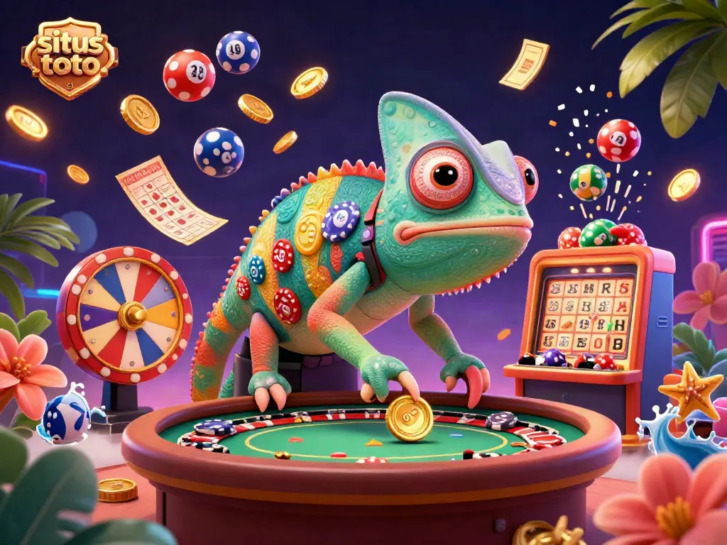 Experience the vibrant mundo of situs toto with a dynamic chameleon casino owner amidst colorful lottery elements and prize-themed decor.