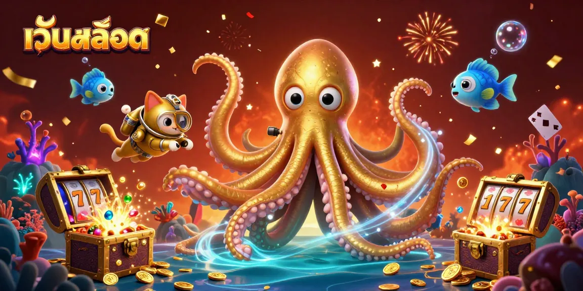 Engage in เว็บสล็อต with an exciting 3D illustration featuring kraken and diving cat amidst precious riches.