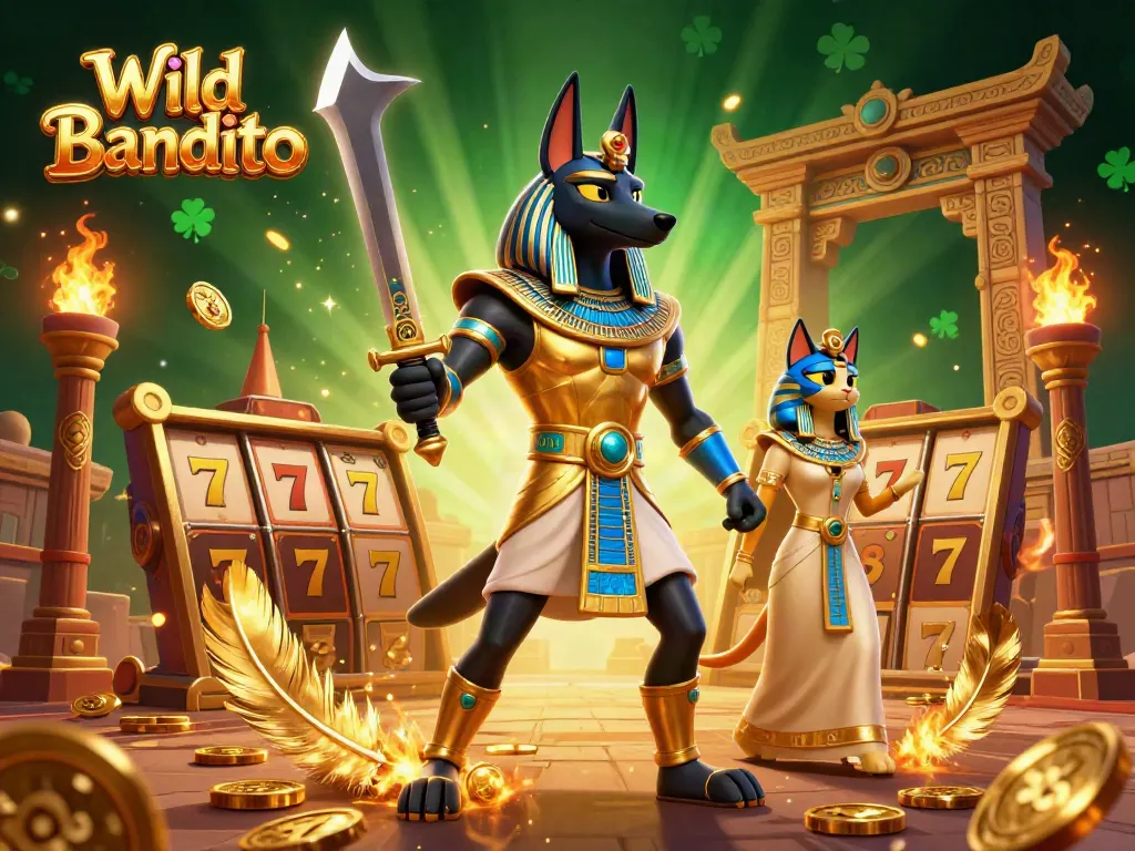 Engage with Wild Bandito slot adventure featuring Anubis and Bastet amid dynamic casino elements.