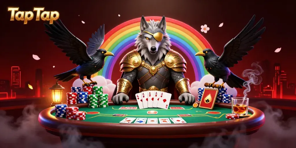 Experience a thrilling poker game with TapTap featuring a mythical Odin wolf amidst vibrant casino elements.