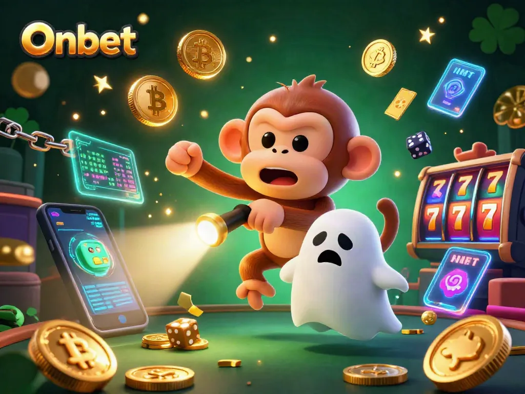 Engage with Onbet's mesmerizing casino adventure featuring a playful poltergeist monkey juggling at a haunted slot setting.