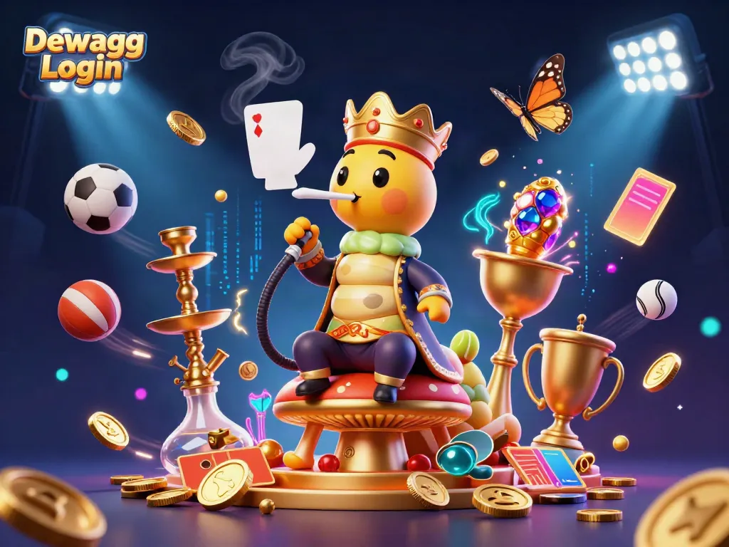 Experience the thrill with Dewagg Login, illustrated in a vibrant casino-themed scene featuring energetic gaming elements.