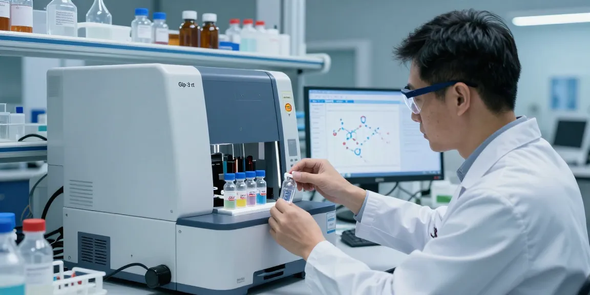 Scientist analyzing glp-3-rt peptide samples in a modern research lab with advanced chromatography equipment.