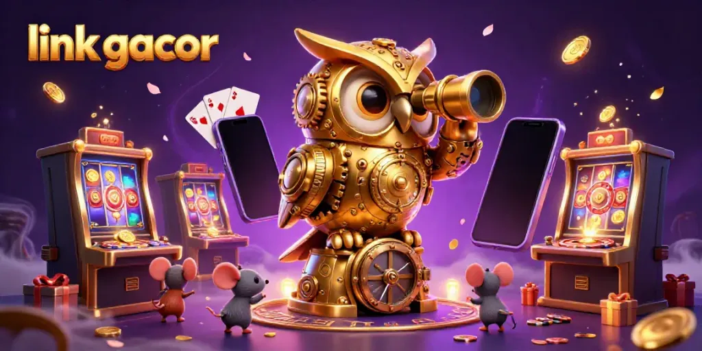 Experience the thrill of link gacor as a golden owl scans the bustling casino floor.
