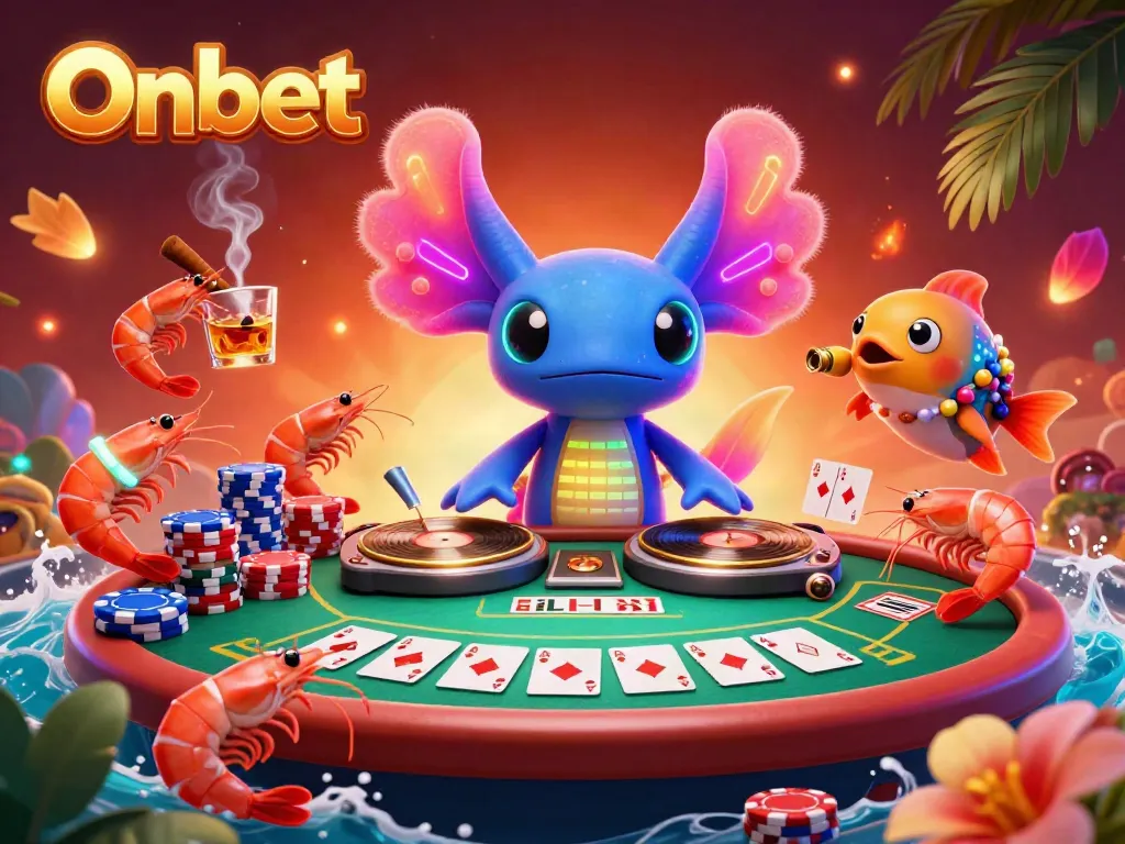Enjoy a colorful Onbet-themed party with a DJ axolotl and poker elements.