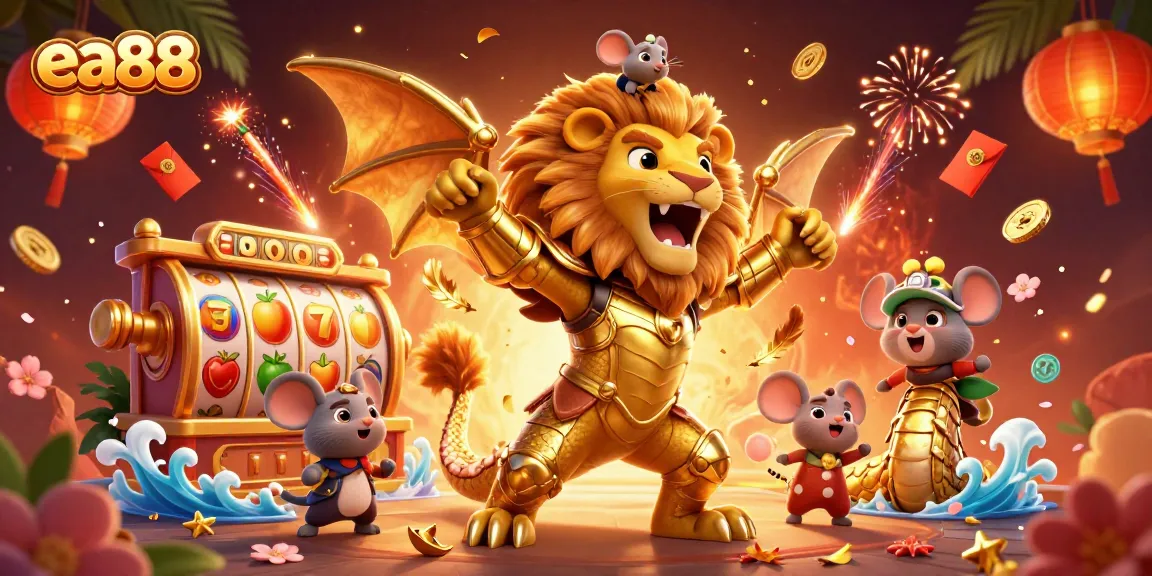 ea88 features an exciting slot game scene with a chimera and mouse, celebrating wins in a vibrant 3D illustration