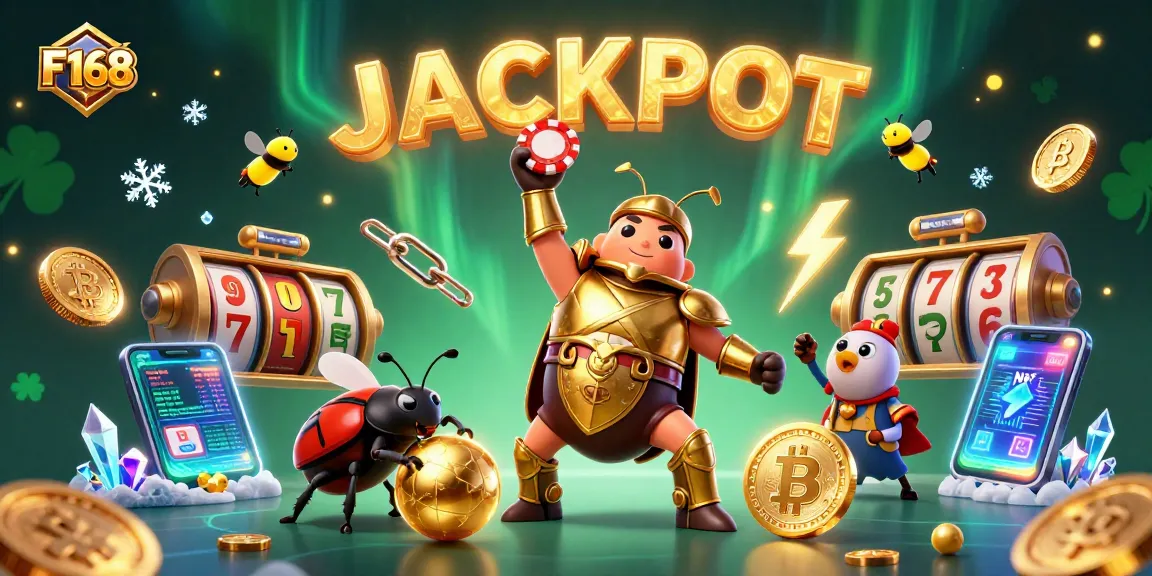Experience thrilling wins at F168 casino with cartoon beetles celebrating jackpot victory.