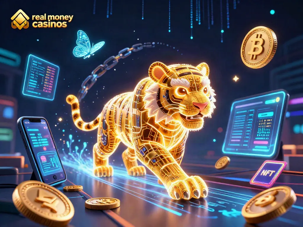 Experience real money casinos with a mesmerizing golden tiger amidst digital elements and cryptocurrency.