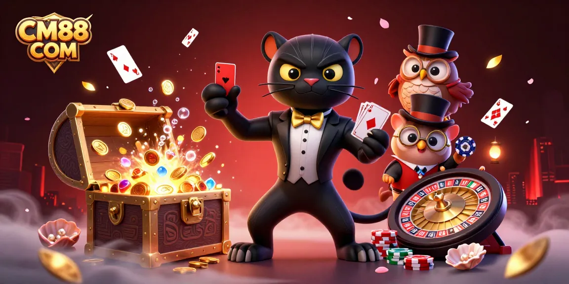 Win big with CM88 COM in a vibrant casino scene featuring playful characters and games.