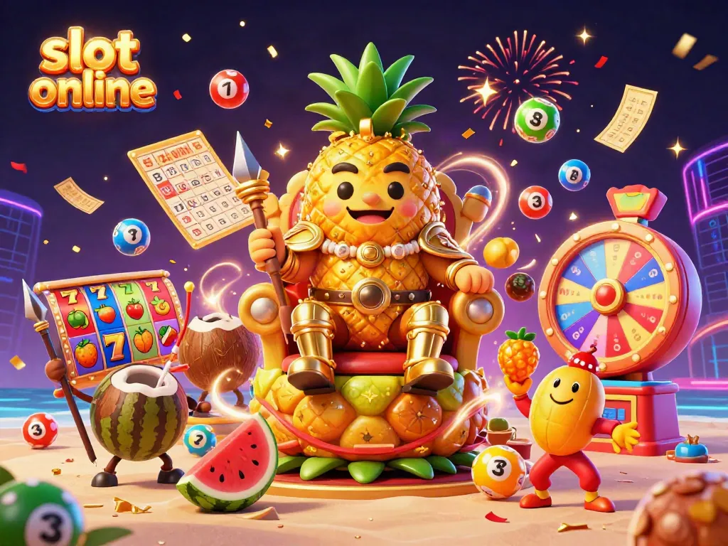 Experience slot online action with a vibrant scene of games, jackpots, and fun characters.