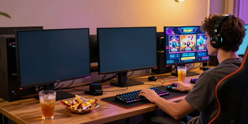 Player enjoying slot games on desktop with vibrant visuals and snacks.