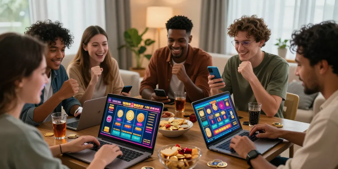 Friends celebrating a big win at an online casino with 먹튀검증 and fun atmosphere.