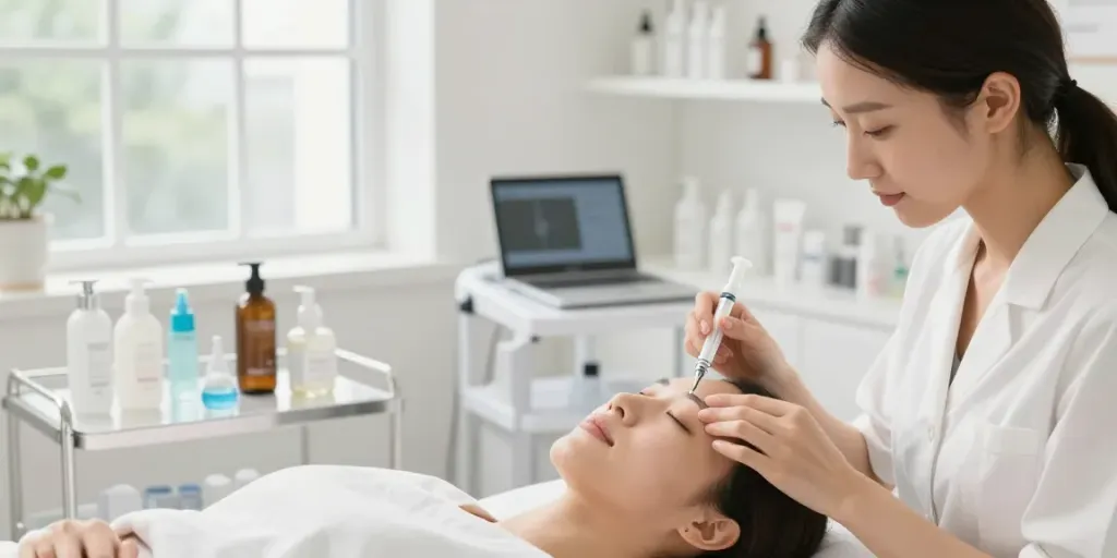 Augenringe Entfernung Behandlung in einem hellen, einladenden Schönheitssalon.