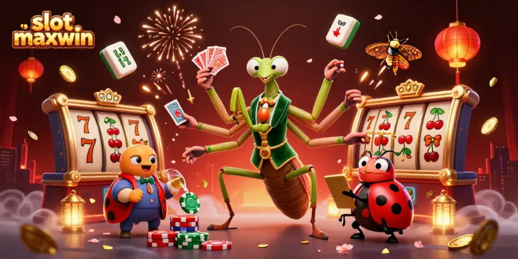 Experience the excitement of slot maxwin with a vibrant 3D casino scene featuring cards, chips, and dynamic visuals.